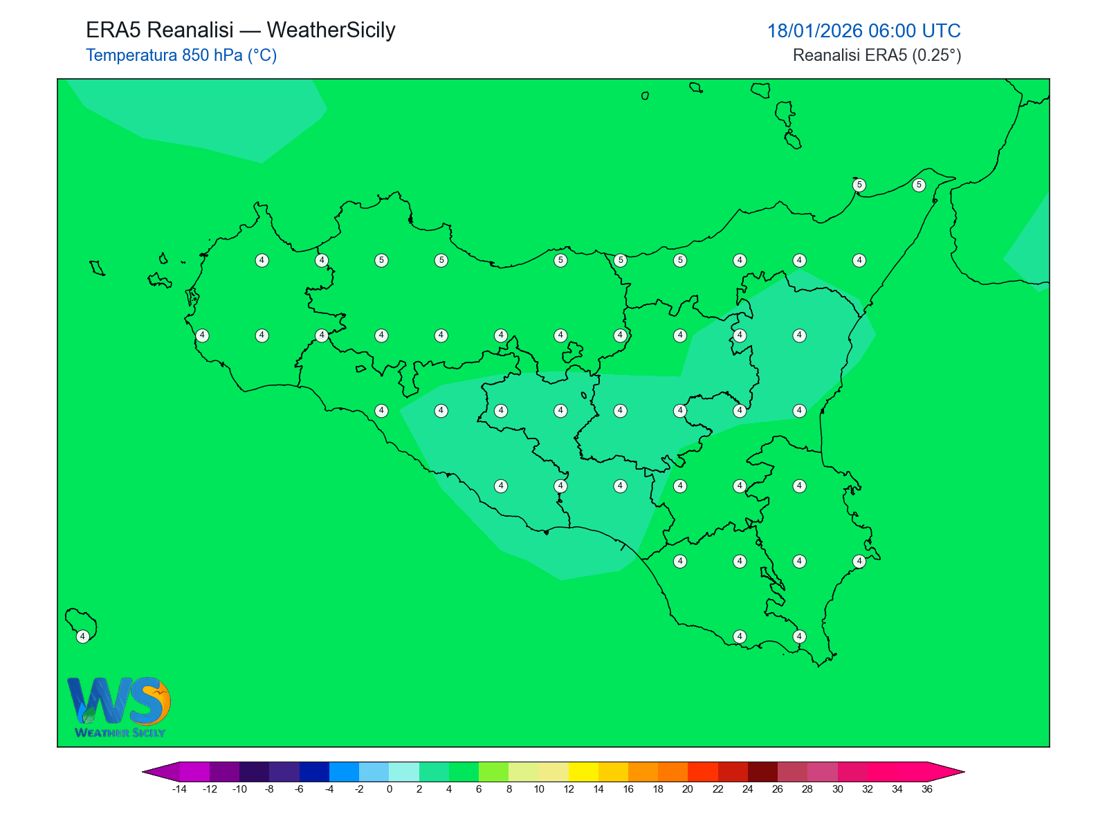 Temperatura a 850 hPa · 2026011806