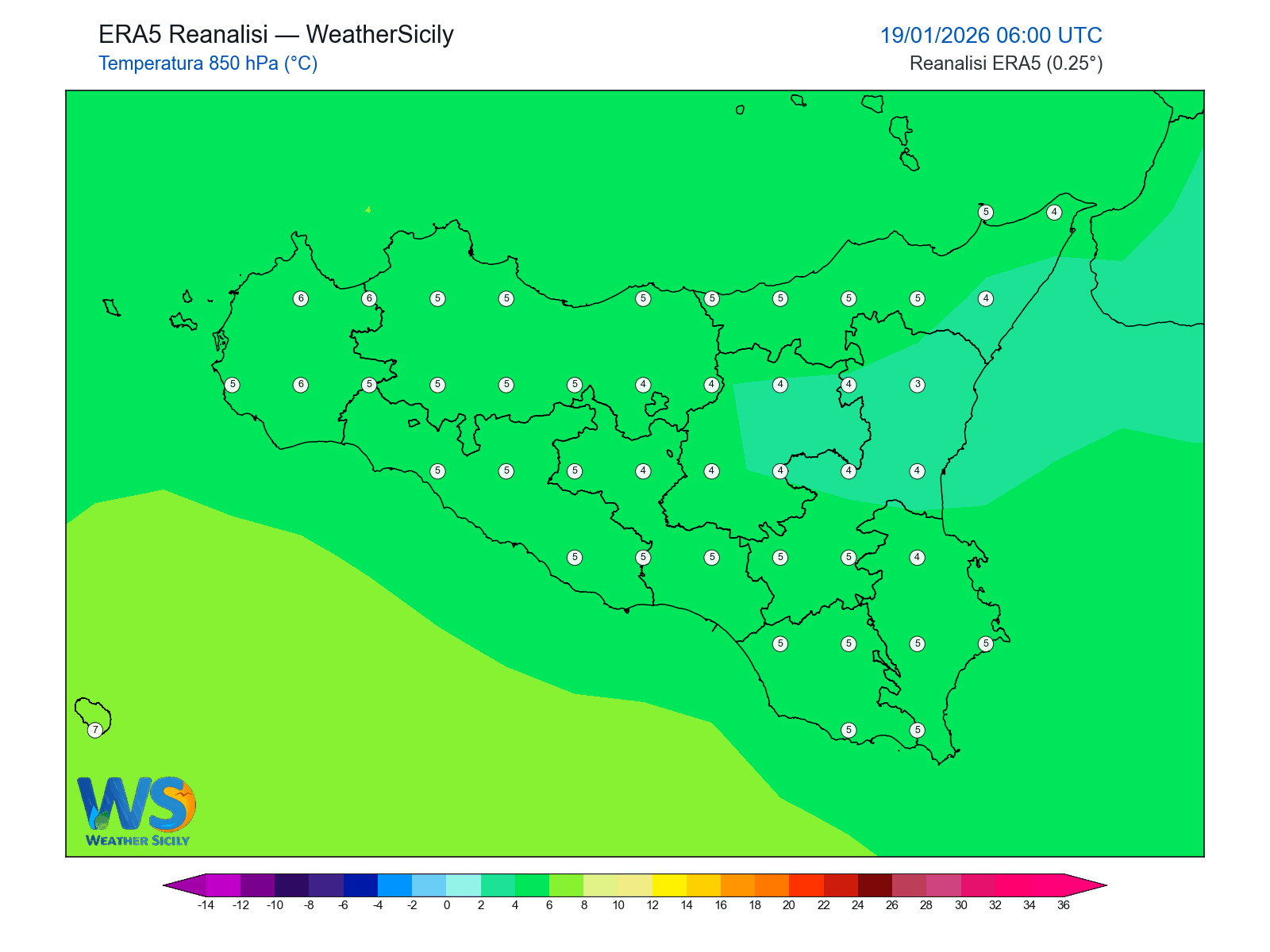 Temperatura a 850 hPa · 2026011906