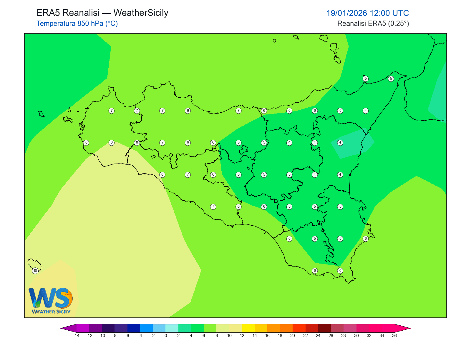Temperatura a 850 hPa · 2026011912