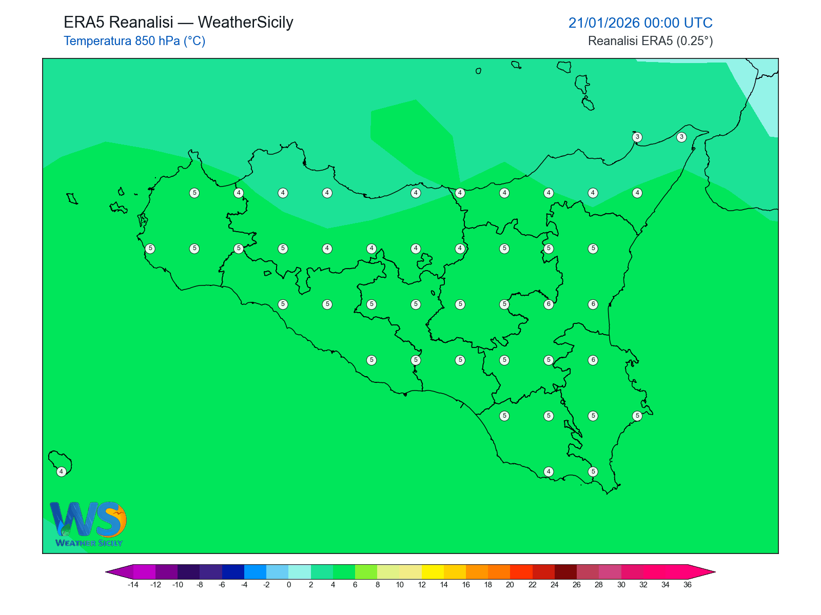 Temperatura a 850 hPa · 2026012100