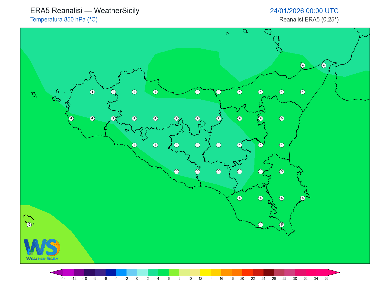 Temperatura a 850 hPa · 2026012400