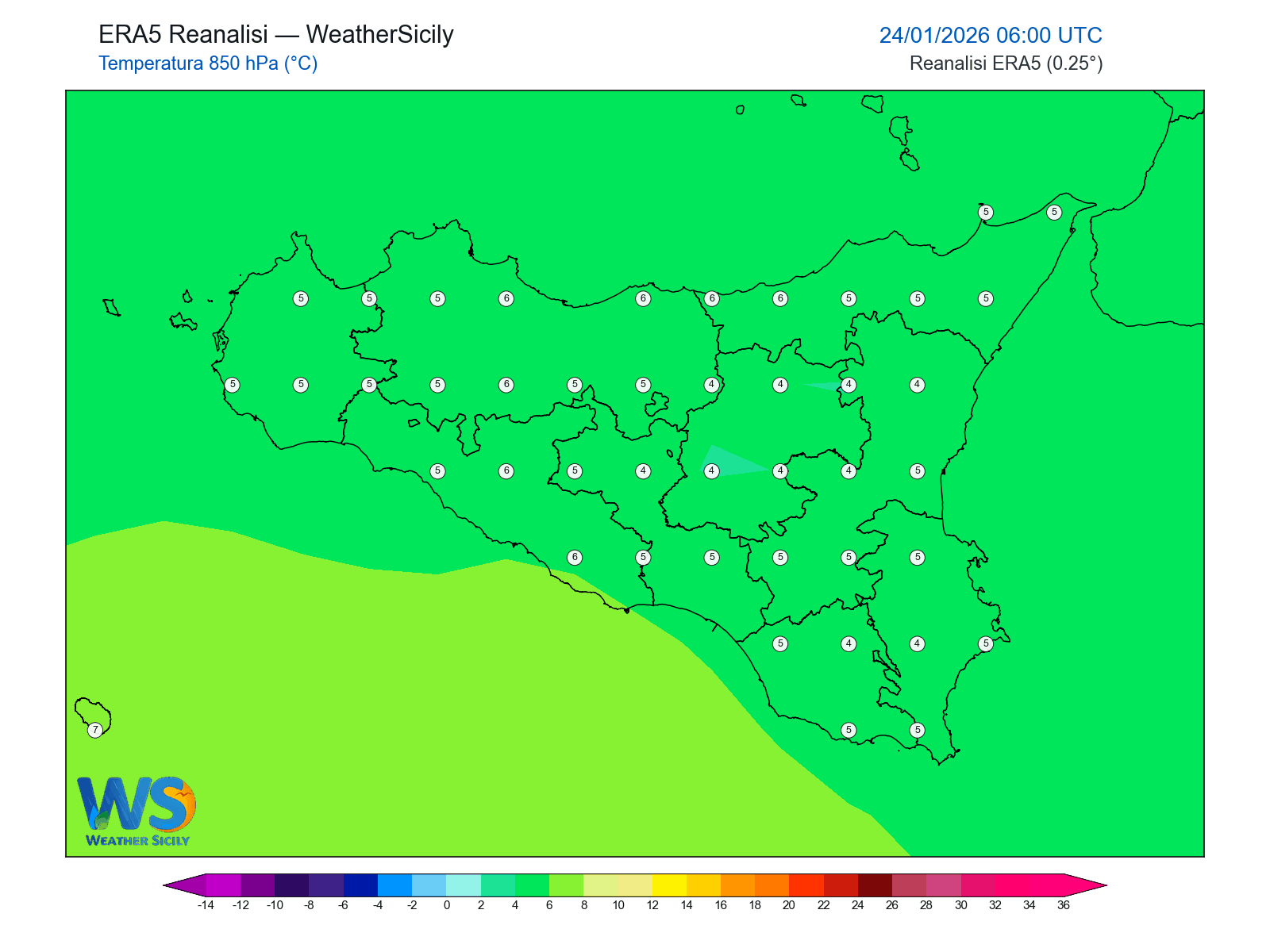 Temperatura a 850 hPa · 2026012406