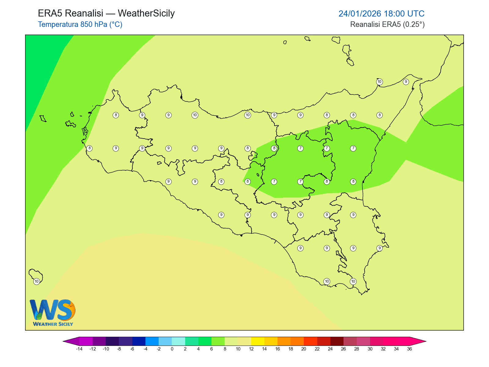 Temperatura a 850 hPa · 2026012418
