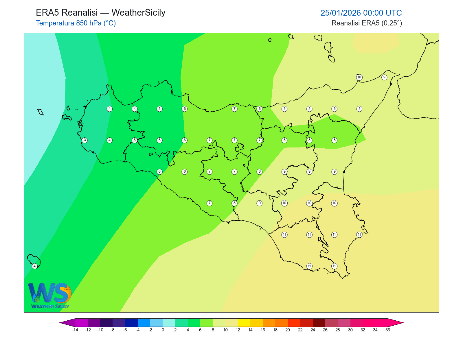 Temperatura a 850 hPa · 2026012500