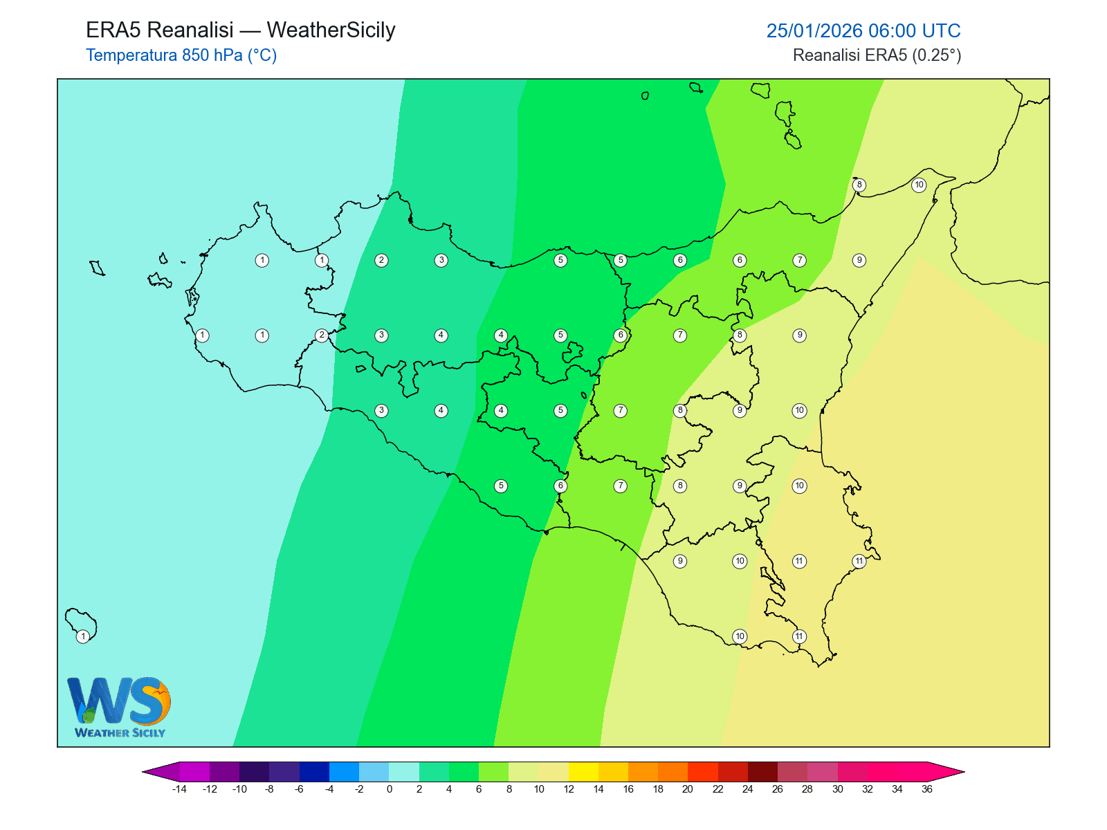 Temperatura a 850 hPa · 2026012506