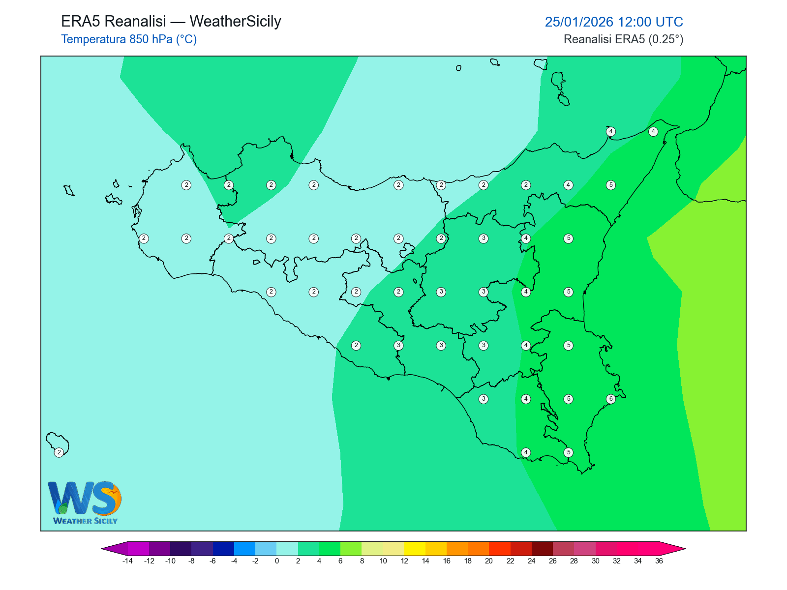 Temperatura a 850 hPa · 2026012512