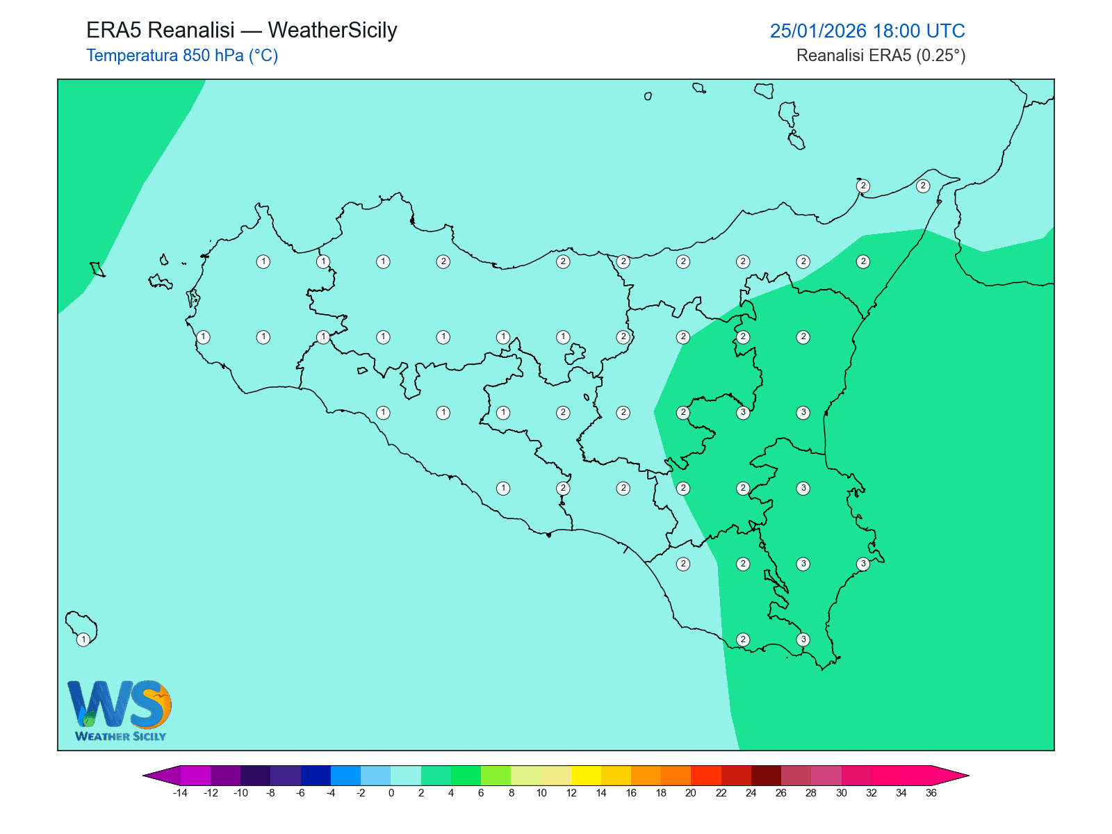 Temperatura a 850 hPa · 2026012518