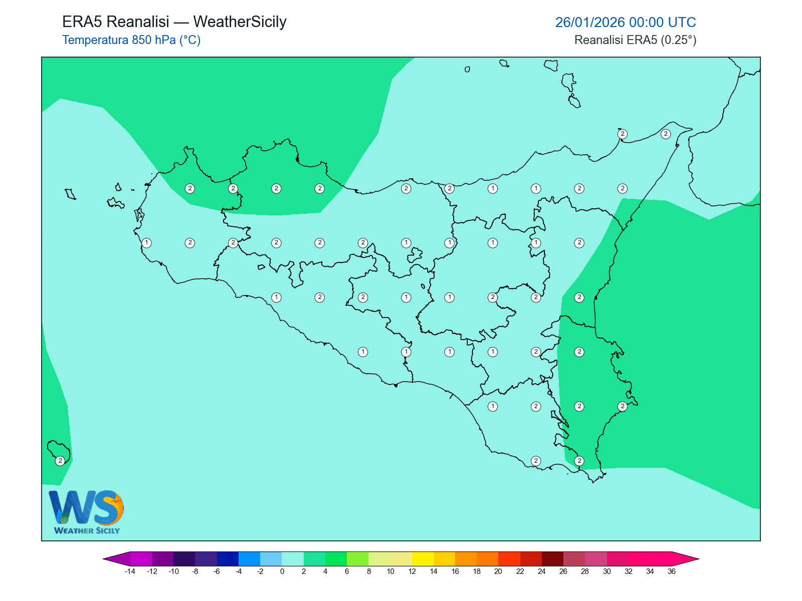 Temperatura a 850 hPa · 2026012600