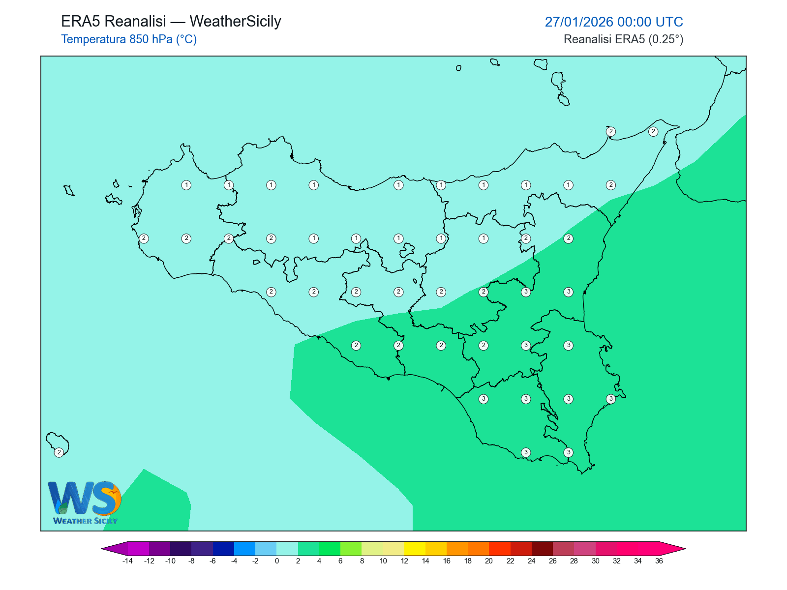 Temperatura a 850 hPa · 2026012700