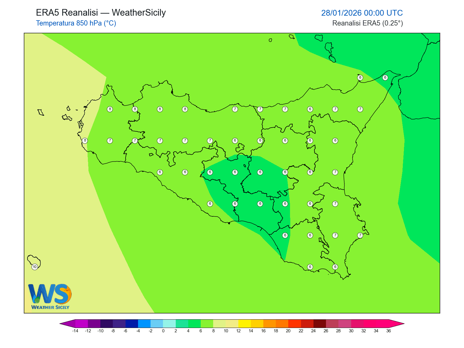 Temperatura a 850 hPa · 2026012800
