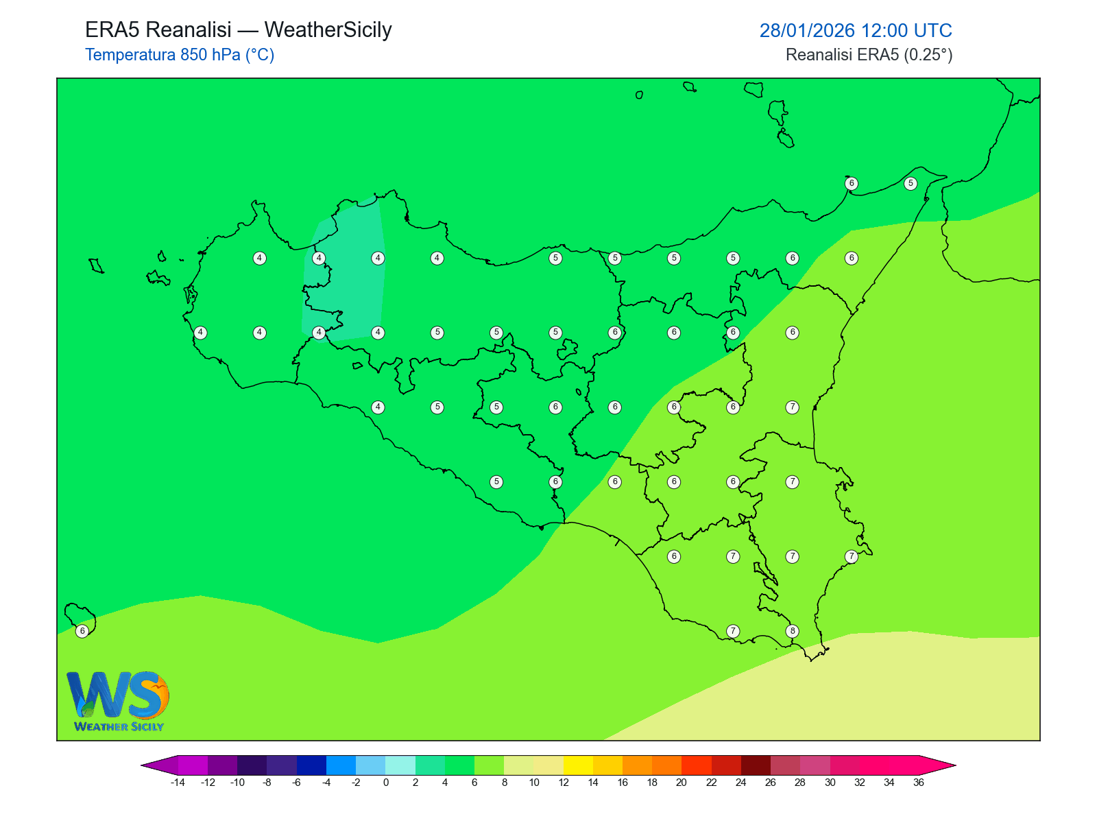 Temperatura a 850 hPa · 2026012812