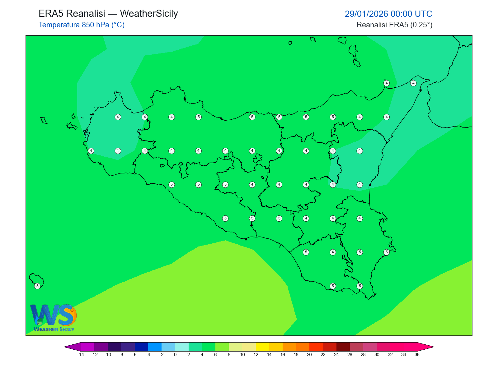 Temperatura a 850 hPa · 2026012900