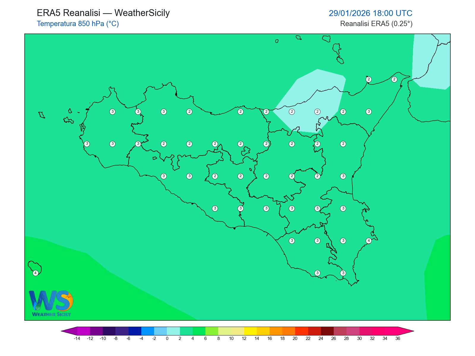 Temperatura a 850 hPa · 2026012918