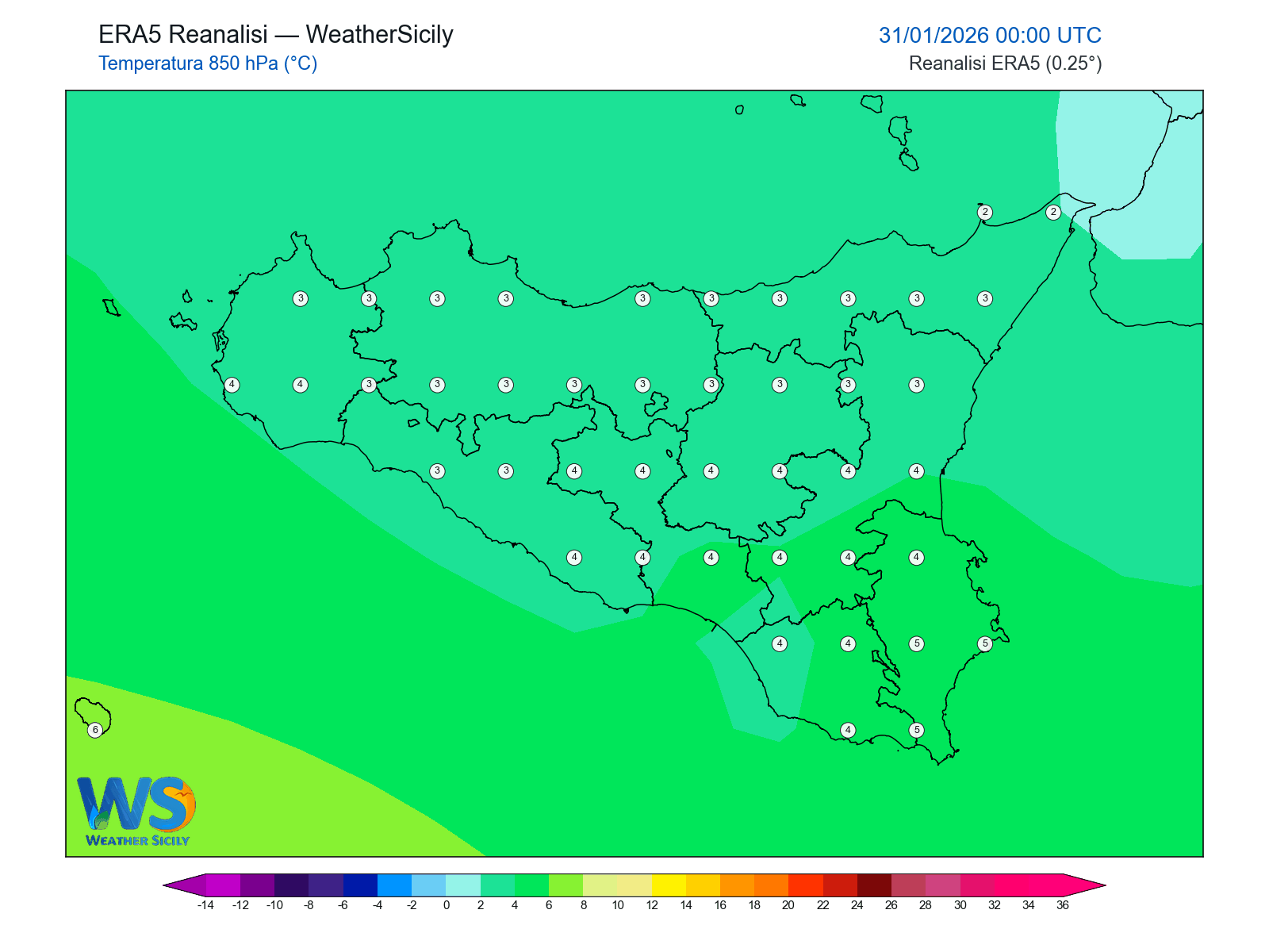 Temperatura a 850 hPa · 2026013100