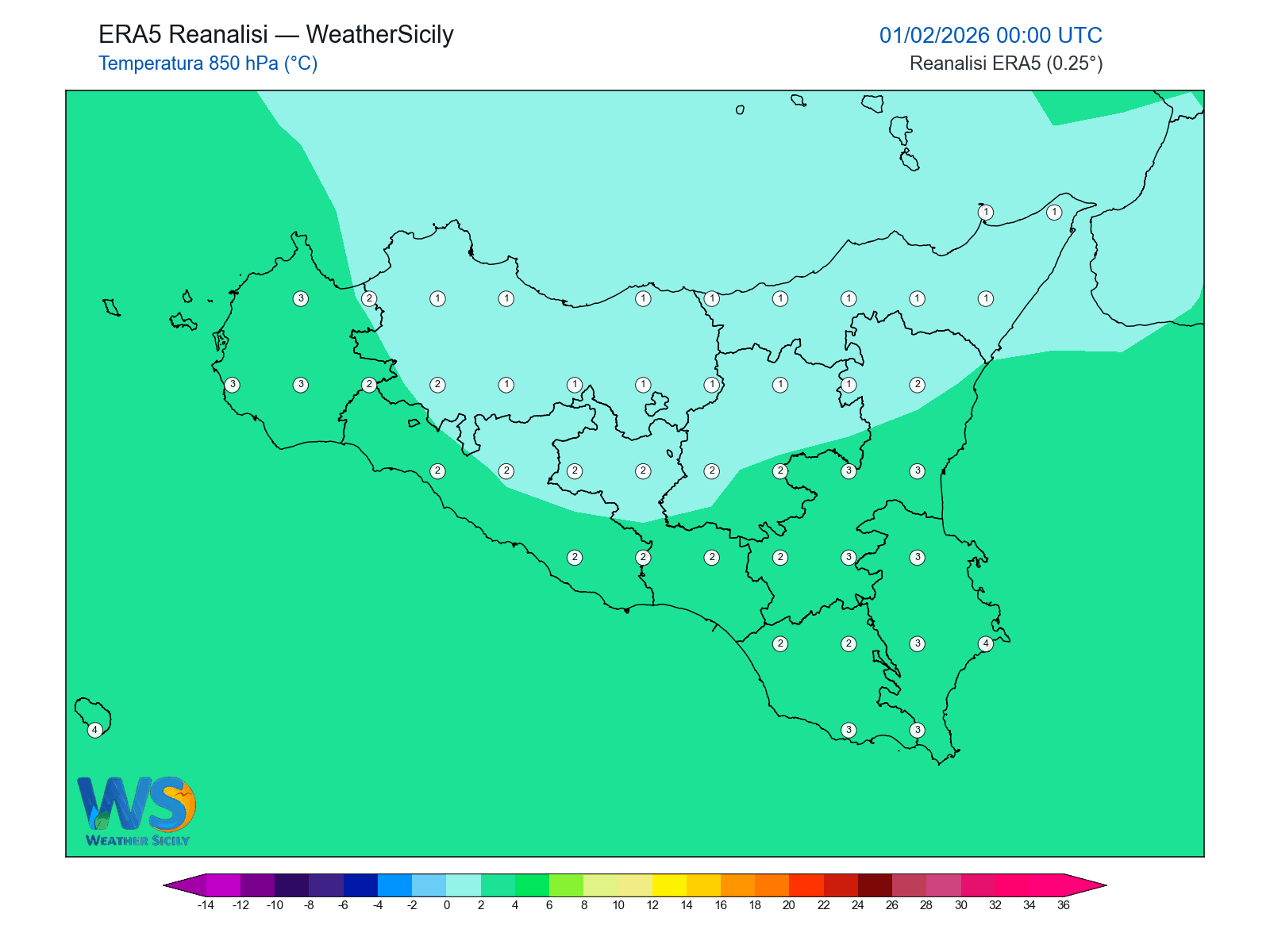 Temperatura a 850 hPa · 2026020100