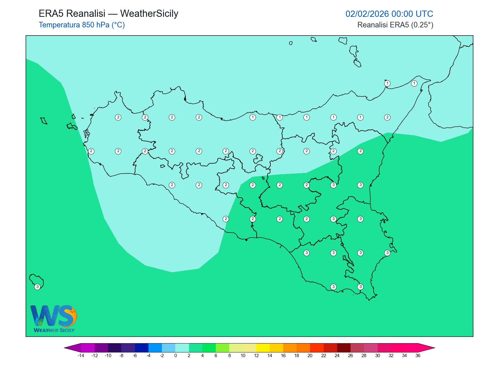 Temperatura a 850 hPa · 2026020200