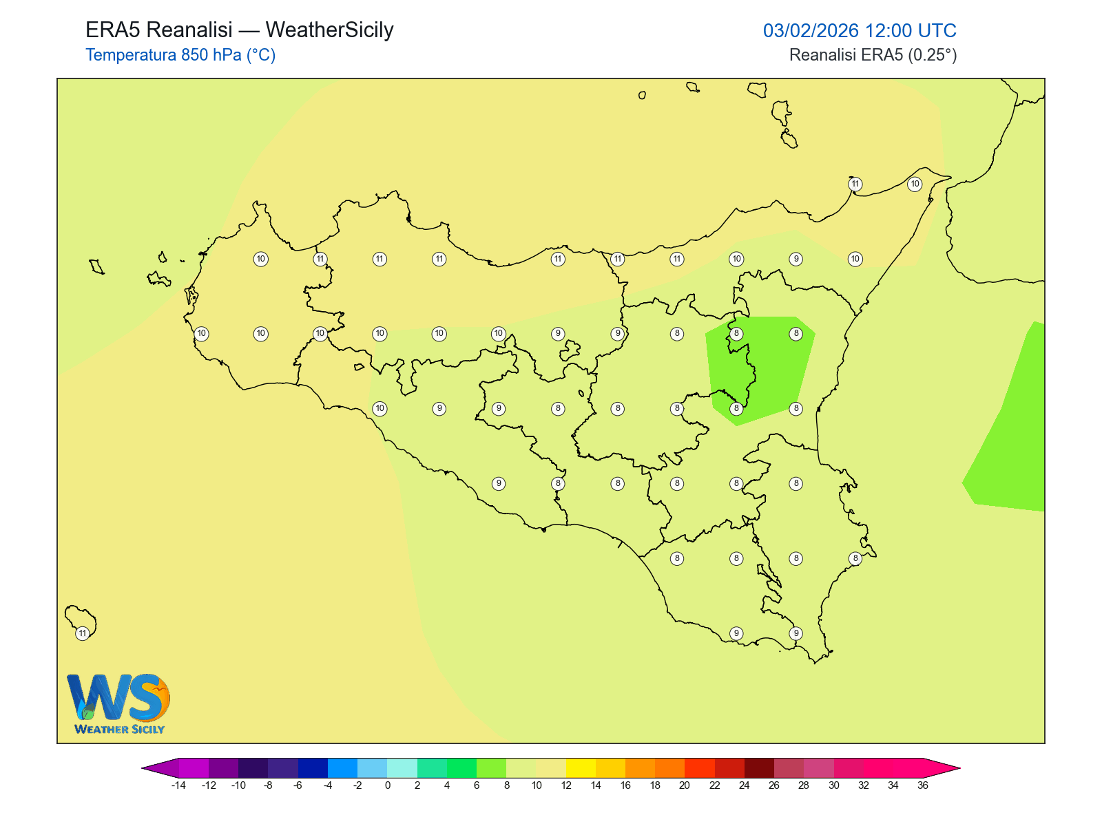 Temperatura a 850 hPa · 2026020312