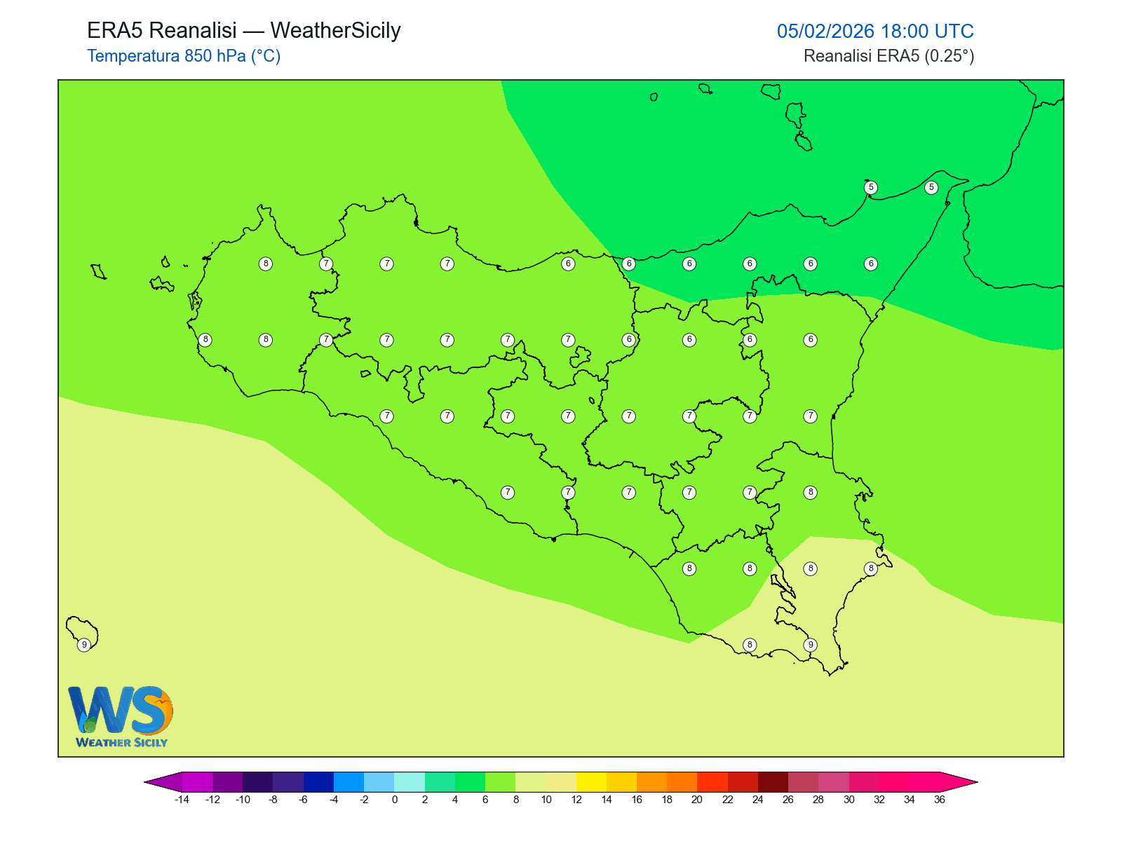 Temperatura a 850 hPa · 2026020518