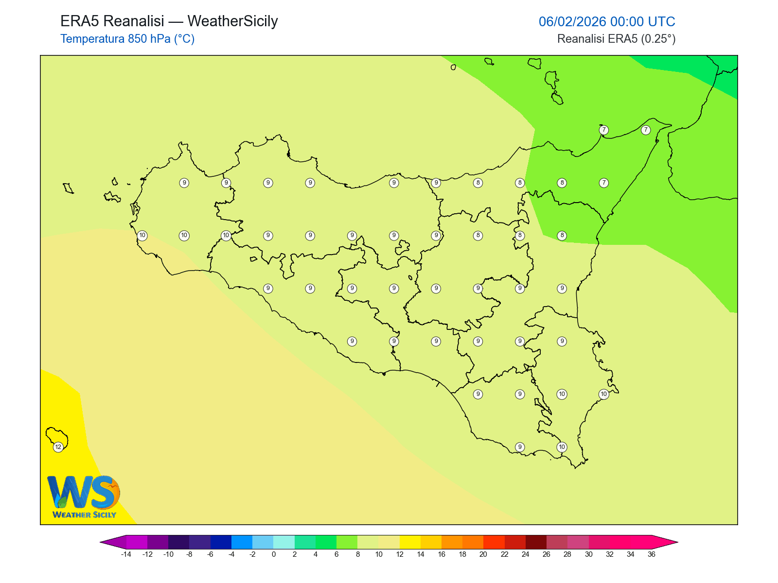 Temperatura a 850 hPa · 2026020600