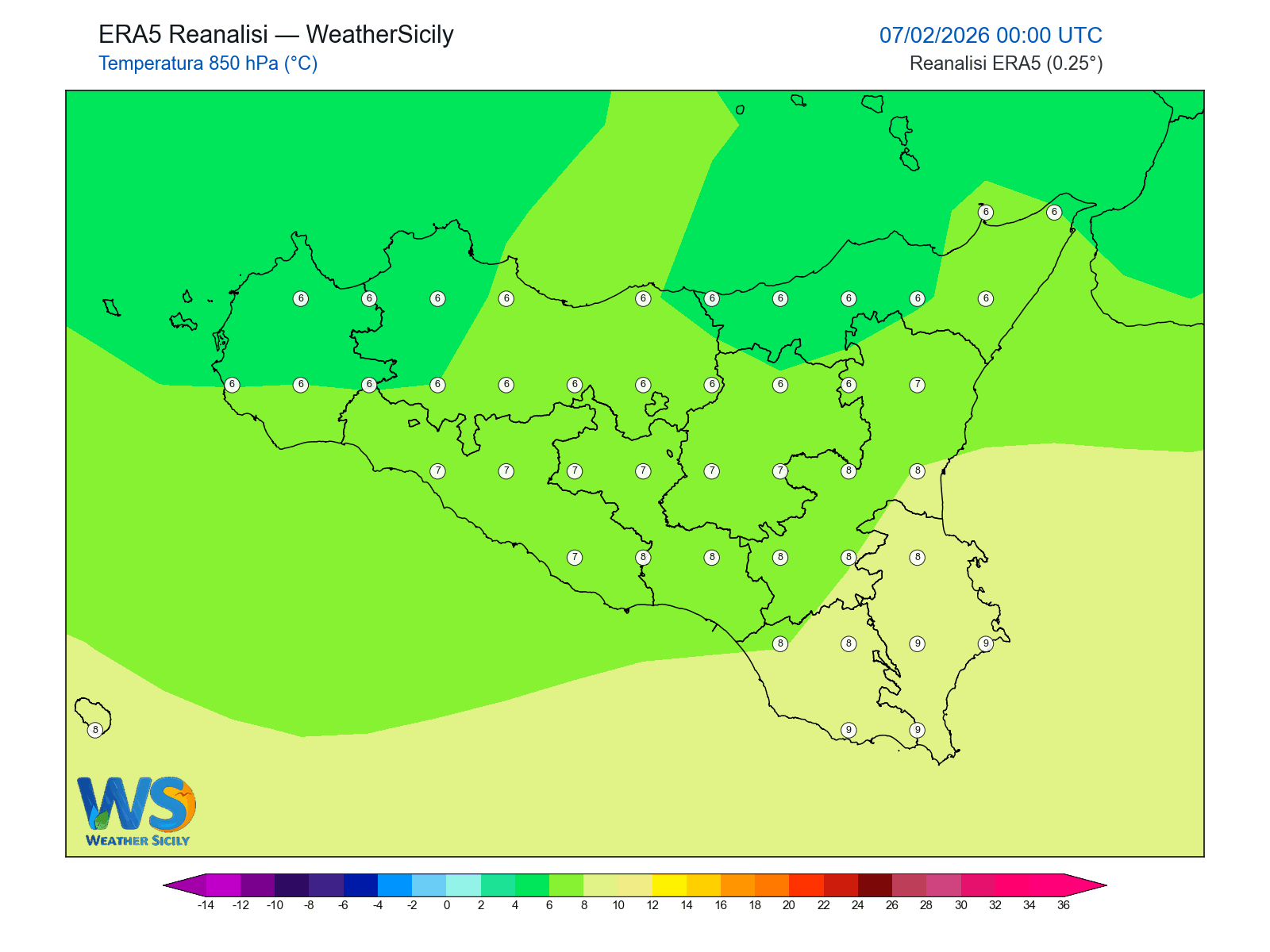 Temperatura a 850 hPa · 2026020700