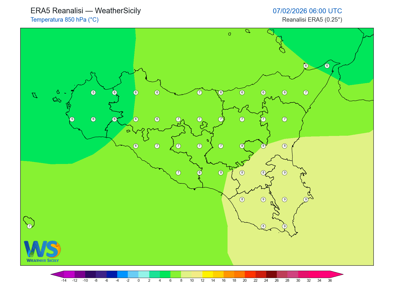 Temperatura a 850 hPa · 2026020706