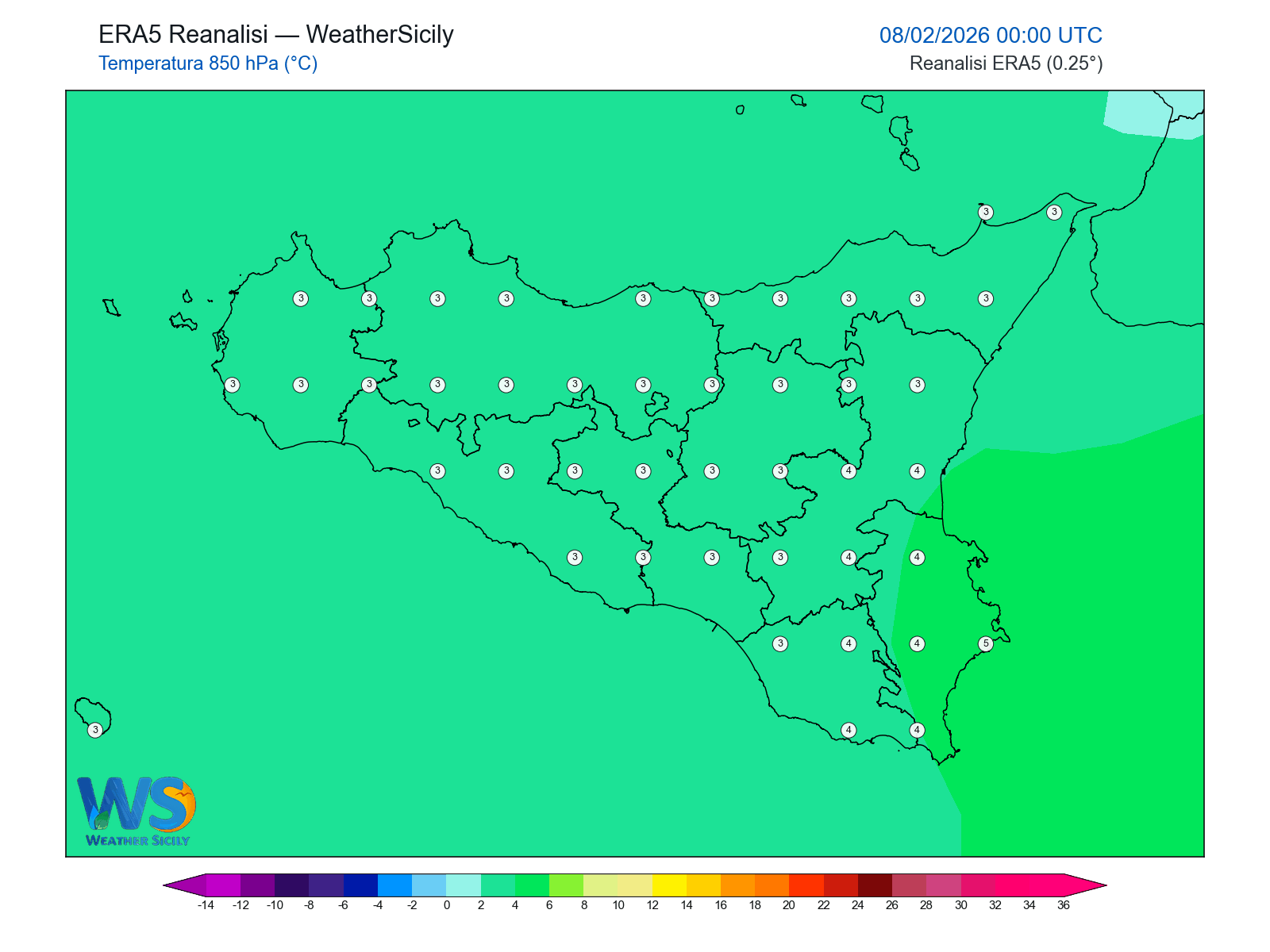 Temperatura a 850 hPa · 2026020800