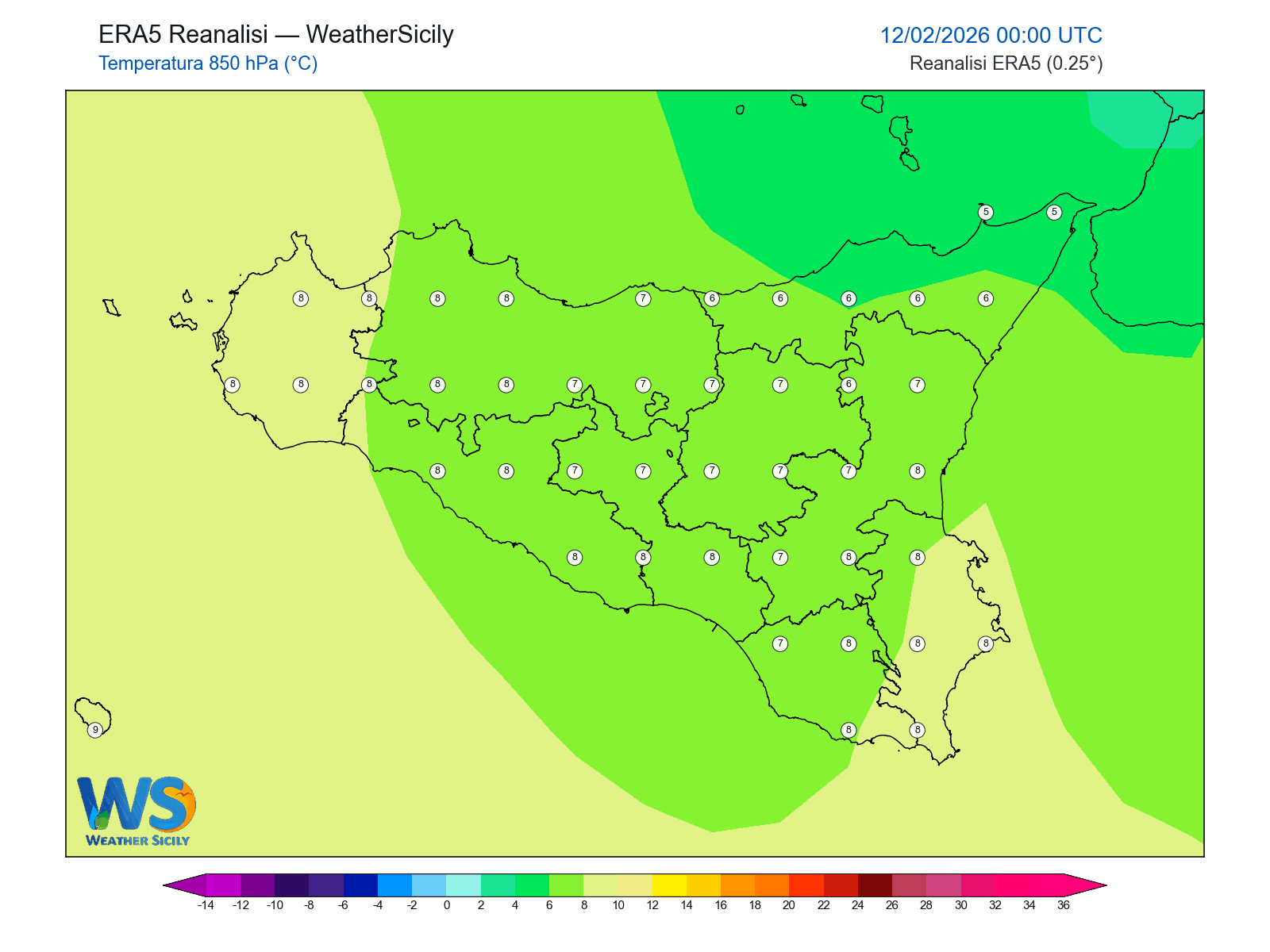 Temperatura a 850 hPa · 2026021200