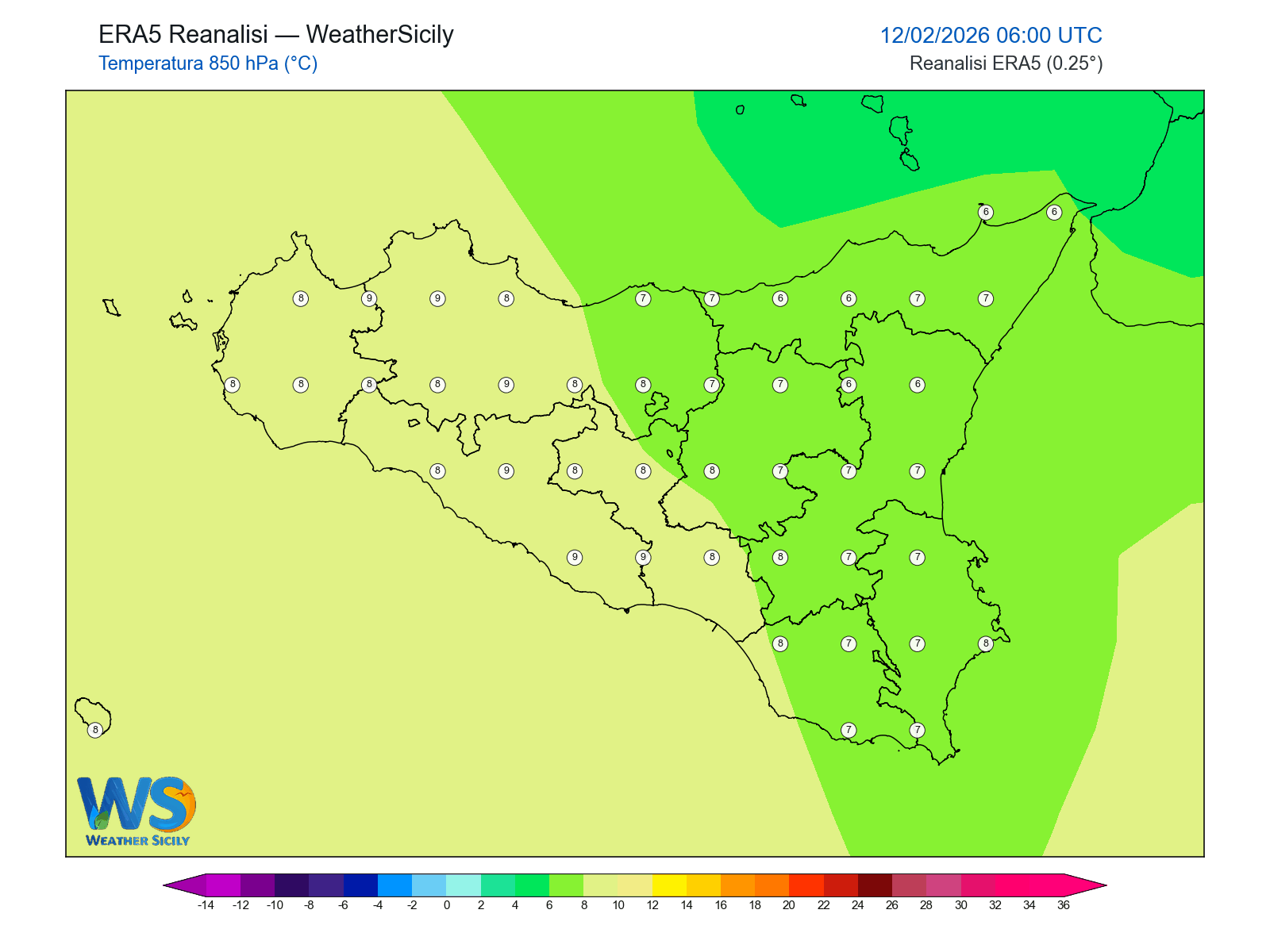 Temperatura a 850 hPa · 2026021206