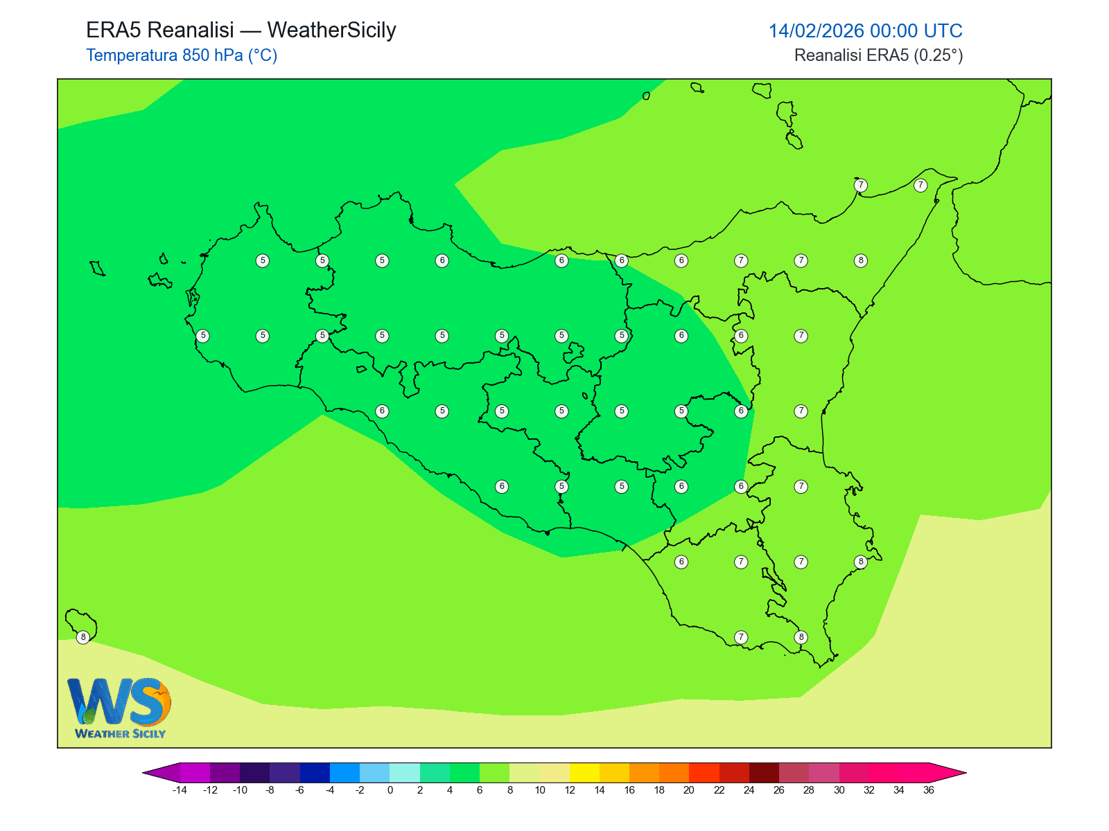 Temperatura a 850 hPa · 2026021400