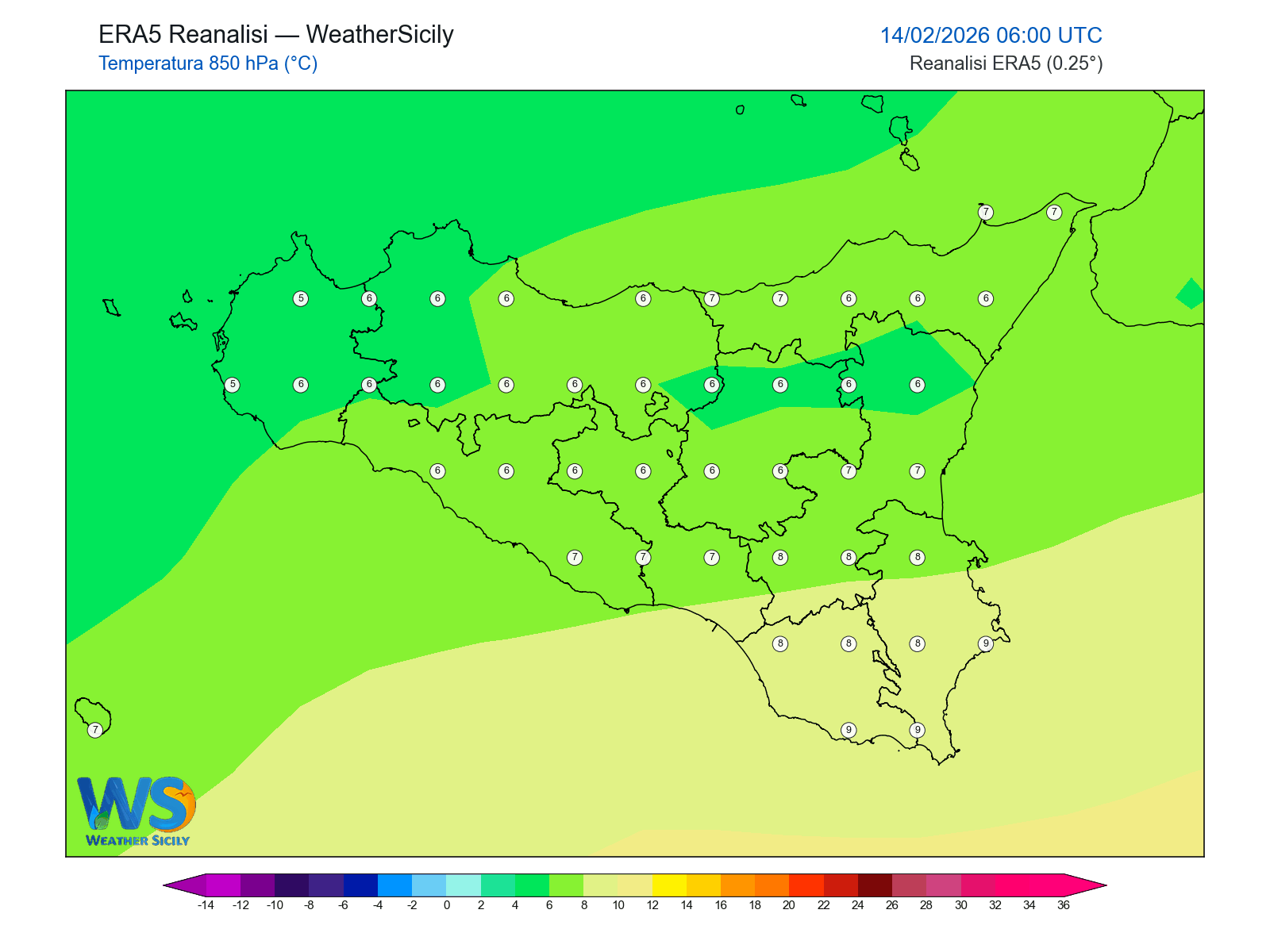 Temperatura a 850 hPa · 2026021406