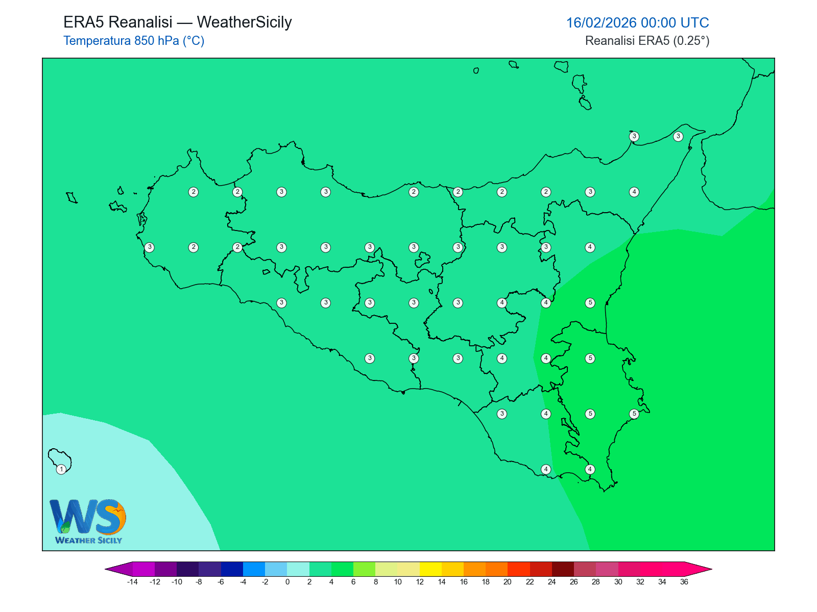 Temperatura a 850 hPa · 2026021600