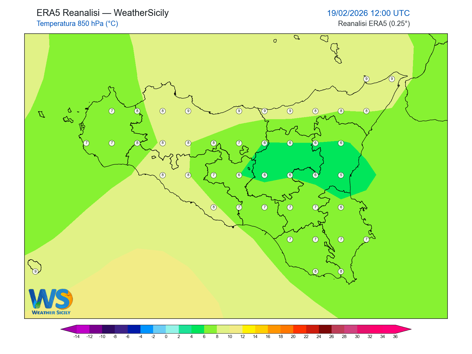 Temperatura a 850 hPa · 2026021912