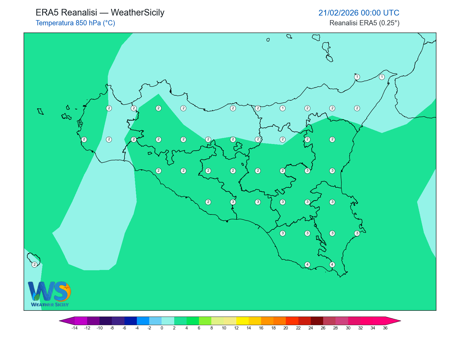 Temperatura a 850 hPa · 2026022100