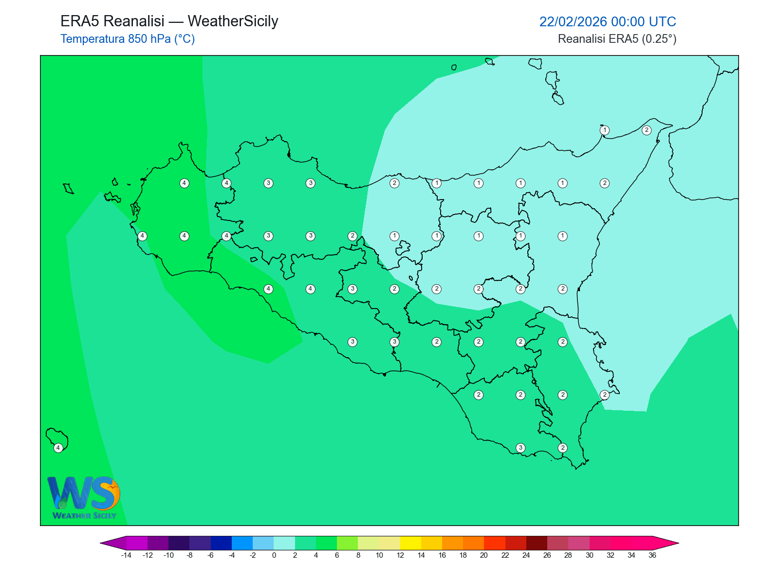 Temperatura a 850 hPa · 2026022200
