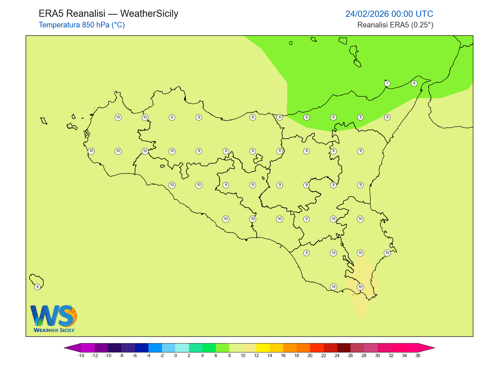 Temperatura a 850 hPa · 2026022400