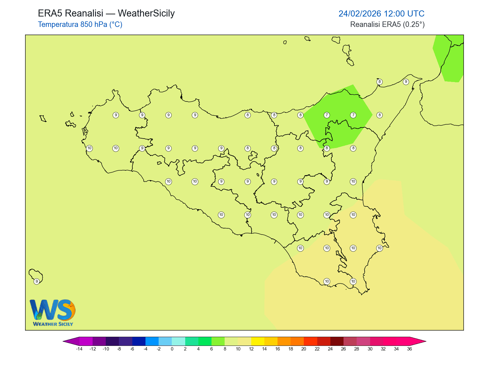Temperatura a 850 hPa · 2026022412