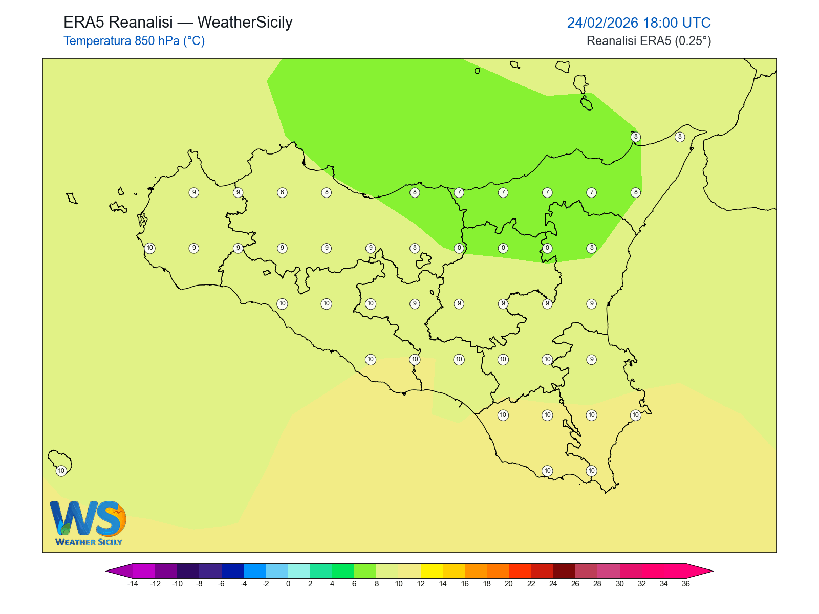 Temperatura a 850 hPa · 2026022418