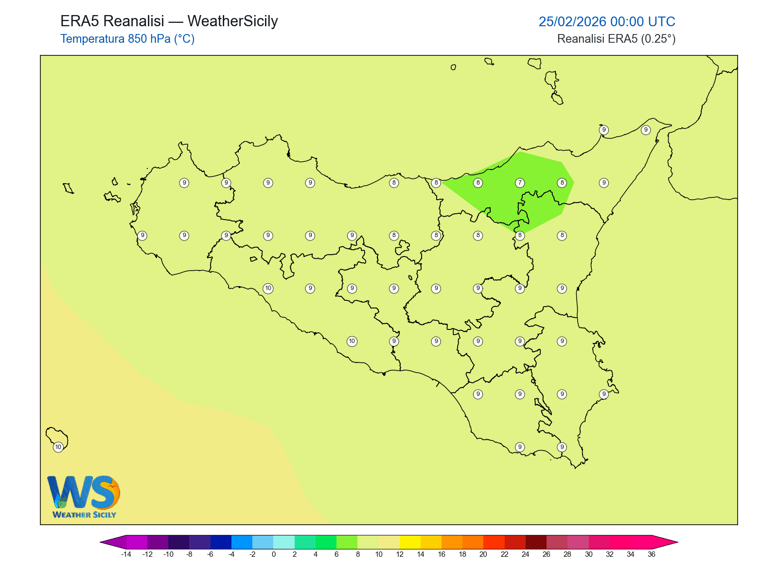 Temperatura a 850 hPa · 2026022500