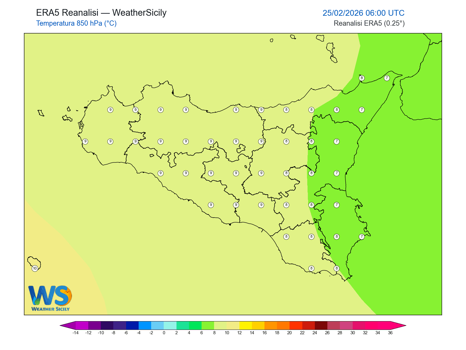 Temperatura a 850 hPa · 2026022506