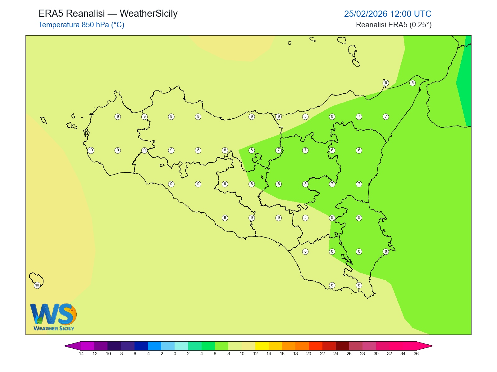 Temperatura a 850 hPa · 2026022512