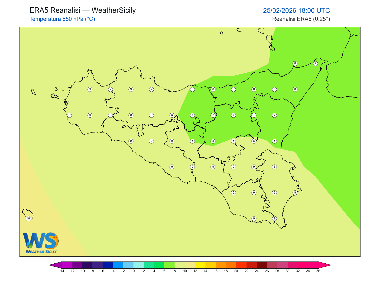 Temperatura a 850 hPa · 2026022518