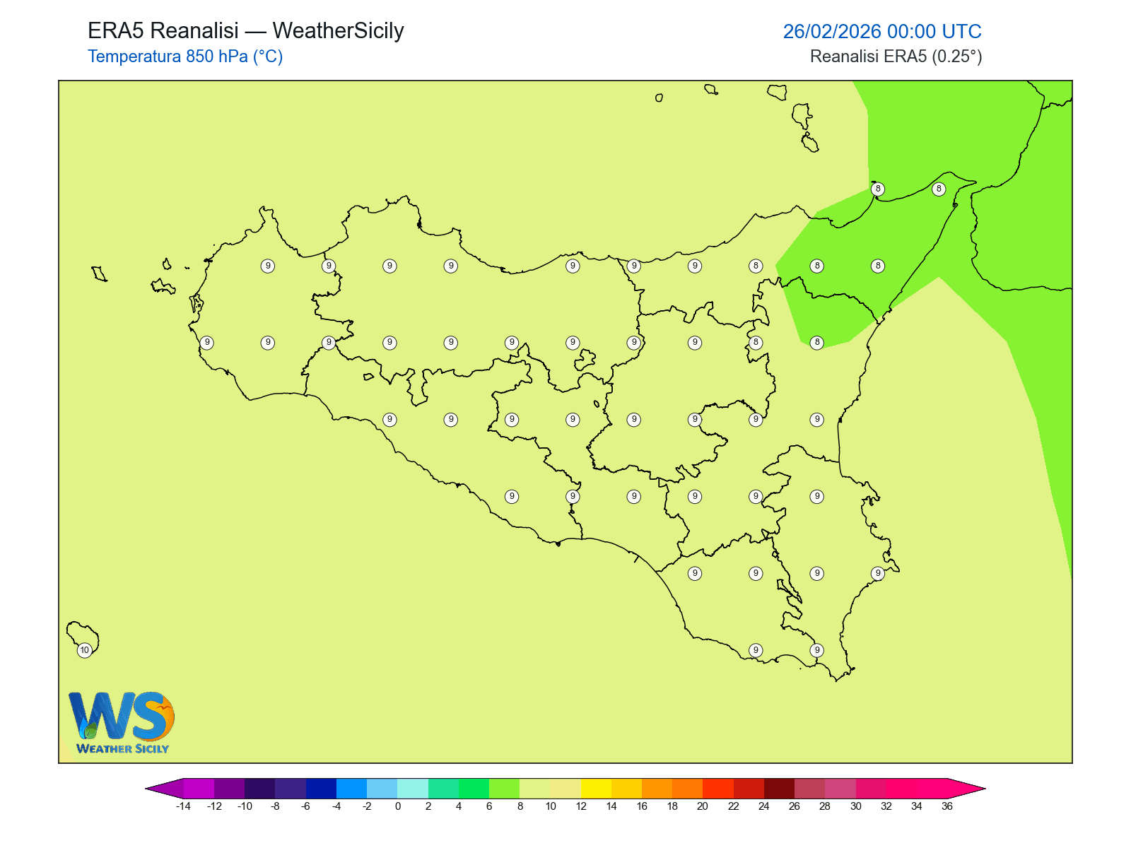 Temperatura a 850 hPa · 2026022600