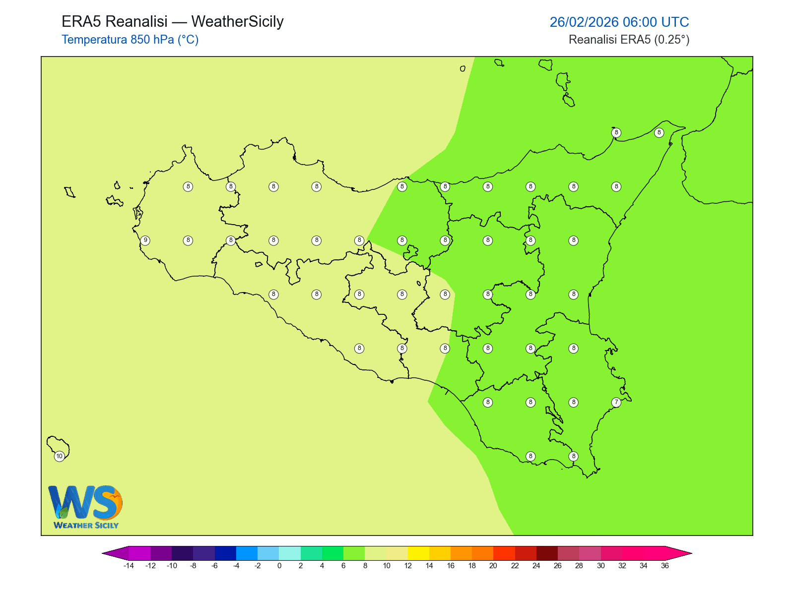 Temperatura a 850 hPa · 2026022606