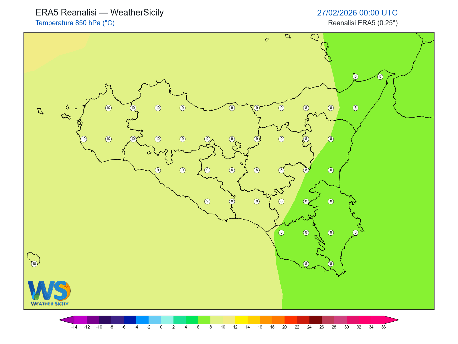 Temperatura a 850 hPa · 2026022700
