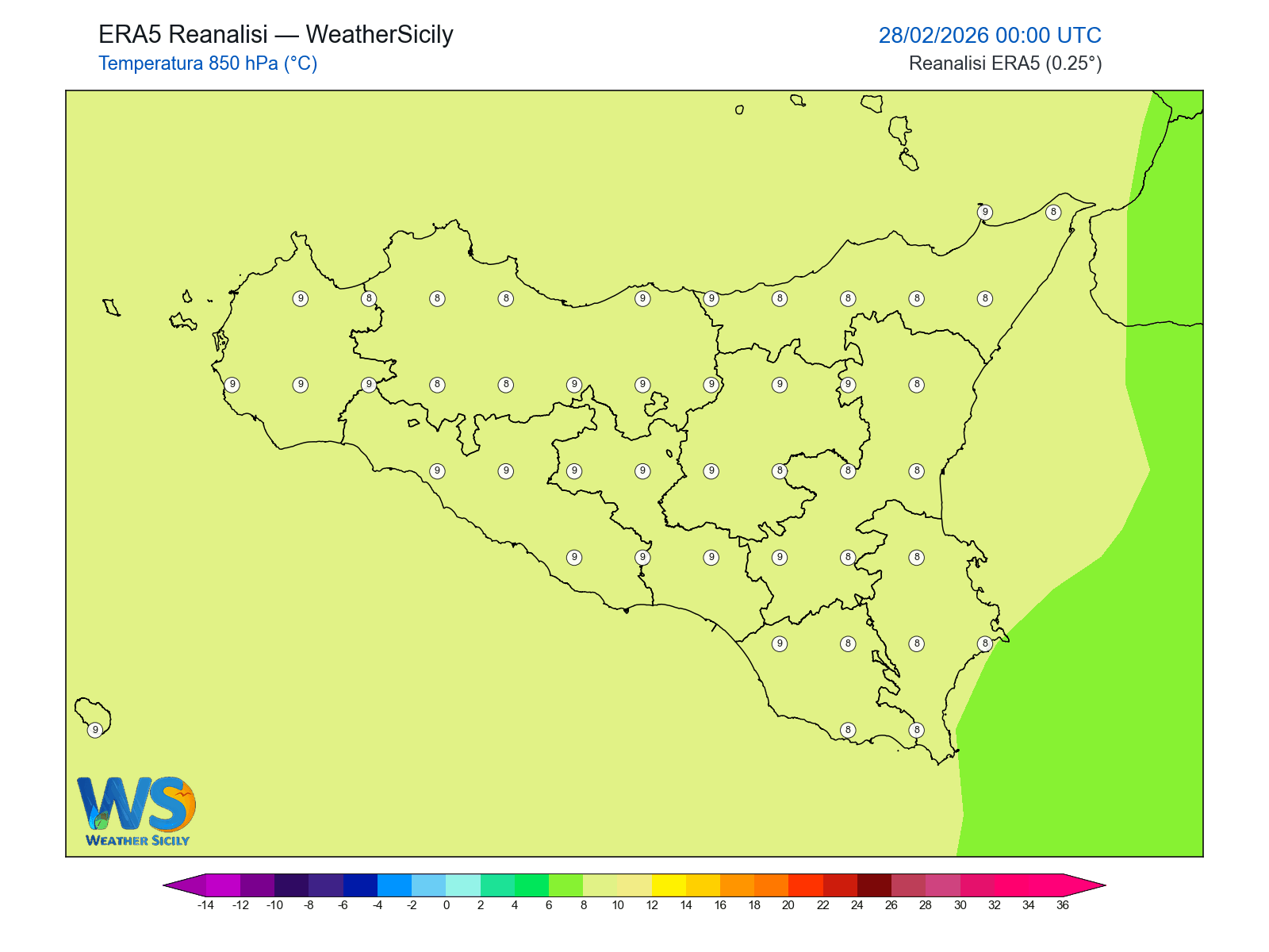 Temperatura a 850 hPa · 2026022800