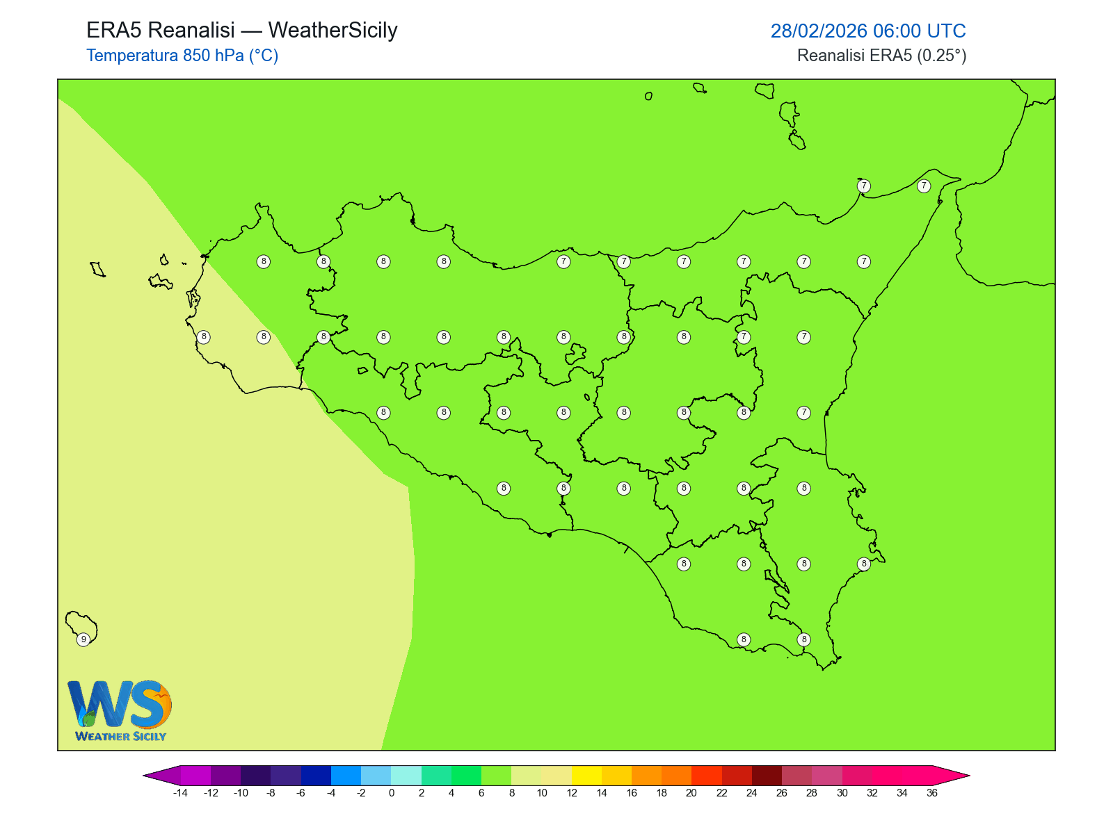 Temperatura a 850 hPa · 2026022806