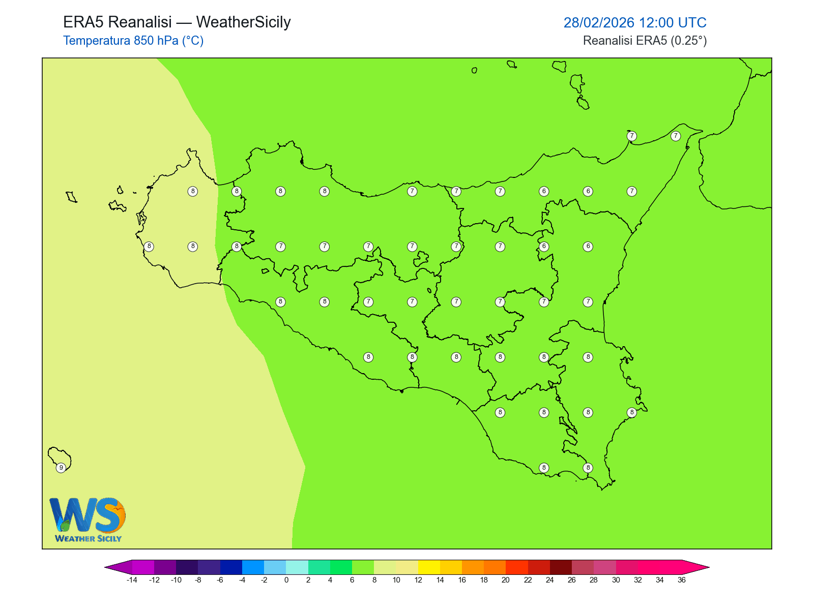 Temperatura a 850 hPa · 2026022812