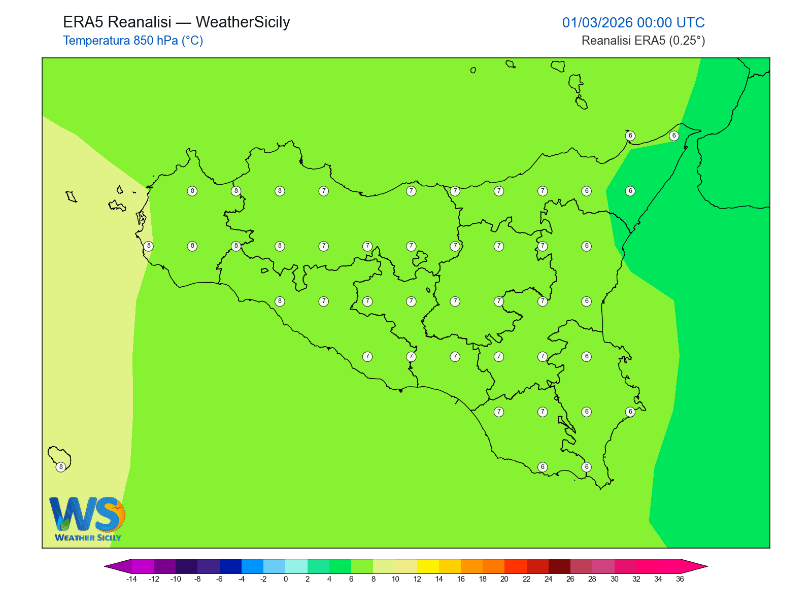 Temperatura a 850 hPa · 2026030100
