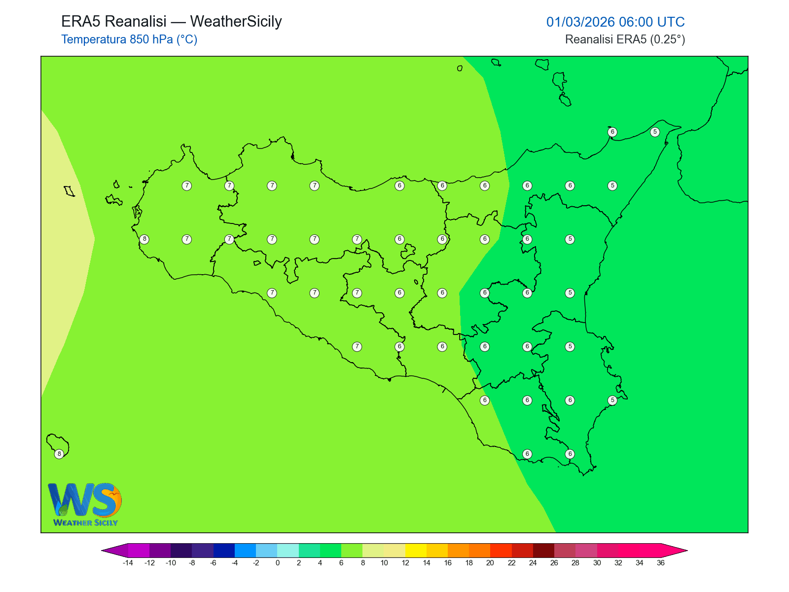 Temperatura a 850 hPa · 2026030106