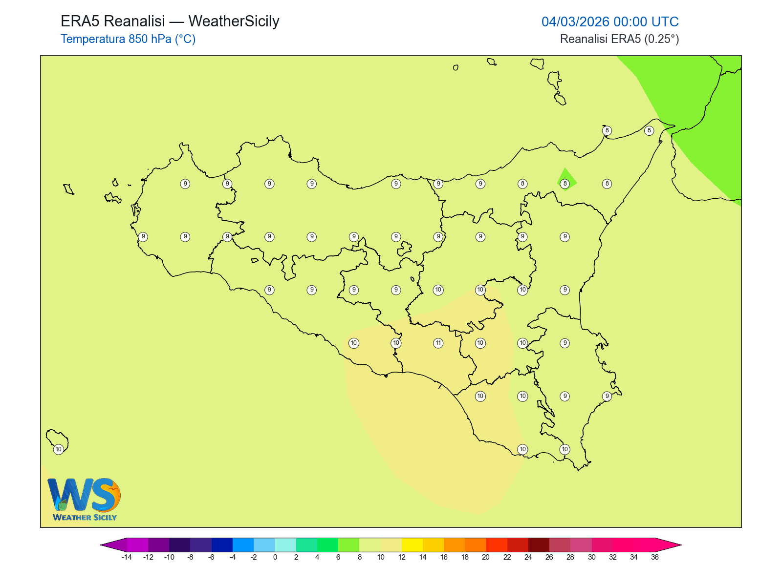 Temperatura a 850 hPa · 2026030400